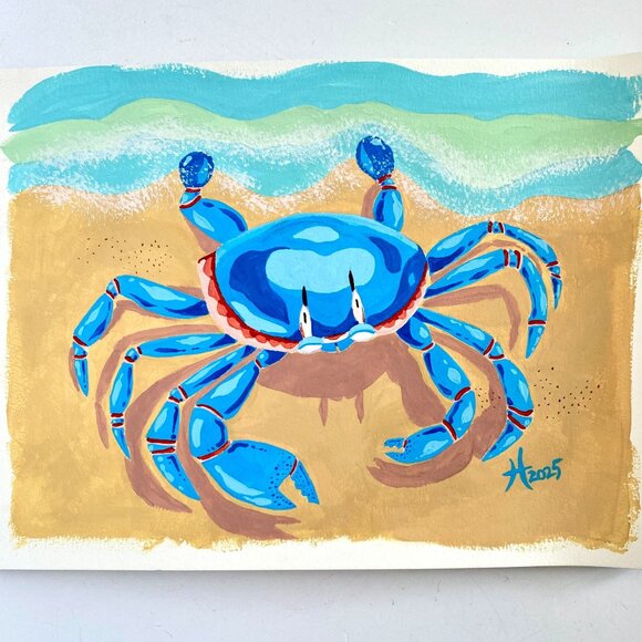 Illustrated Crab Original Gouache Painting 11x14in Mat Frame Ready Art - Picture 2 of 9